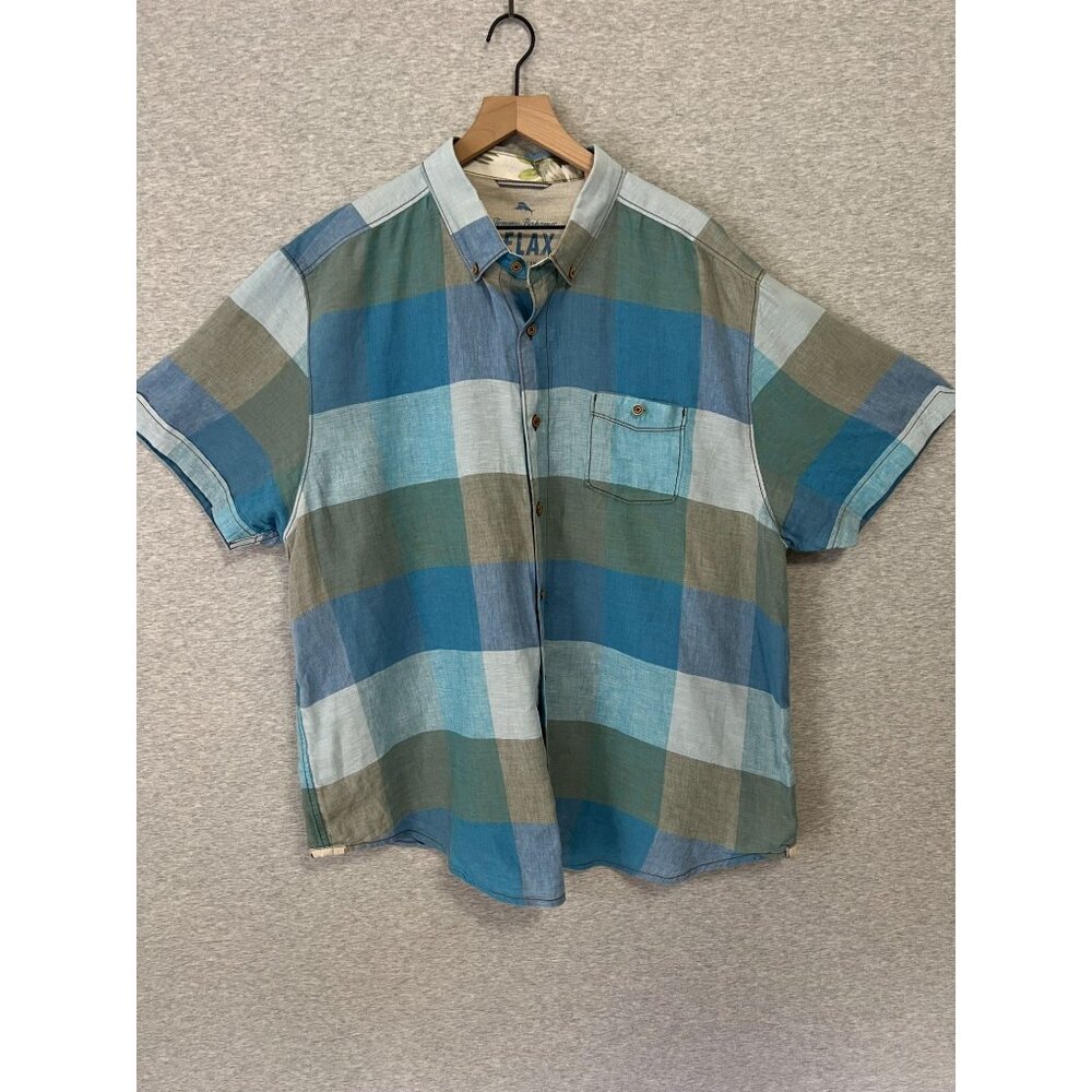 Tommy Bahama Relax Linen Camp Shirt Mens XXL Blue Plaid Island Modern Fit Button